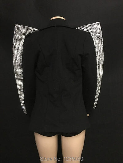 Sparkly Silver Rhinestones Outfit Set Women Bra Short Jacket Wear Clothes