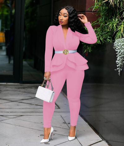 Full Sleeve Ruffles Blazers Pencil Pants Suit