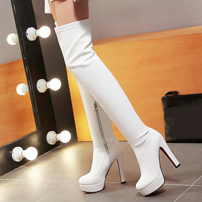 White Platform Over The Knee Boots Fashion Square High Heel Long Boots Autumn Winter Zip Boots