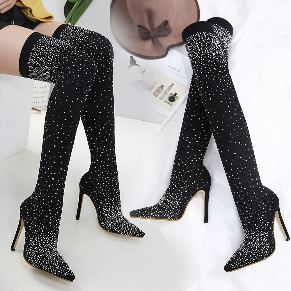 Over The Knee Boots Rhinestone  Bling Thigh Boots