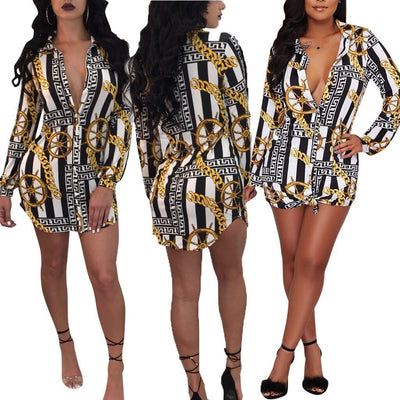 Shirt Dress Fashion Chain Print Ladies Long Sleeve Dress Two Colors Available