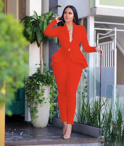 Full Sleeve Ruffles Blazers Pencil Pants Suit