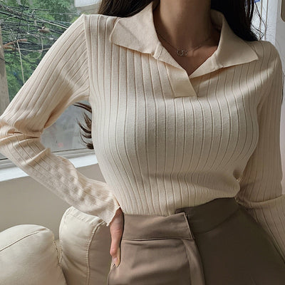 Turn-Down Collar Women Sweater Long Sleeve Top Casual Pullover Knitted Sweaters