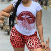 Two Piece Lips Short Sleeve Top Leopard Shorts