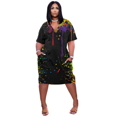 Dress Print Short Sleeve V-neck Straight Knee-length