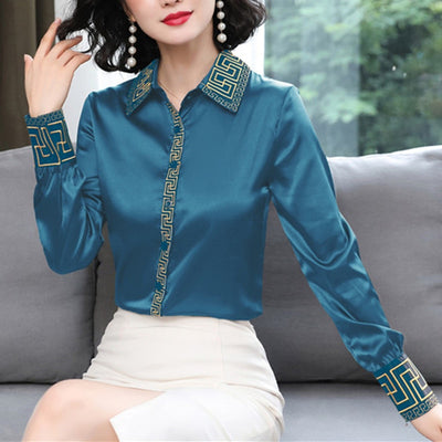 Chiffon Blouses for Women Satin Printed Polo Neck Woman Blouse Button Up