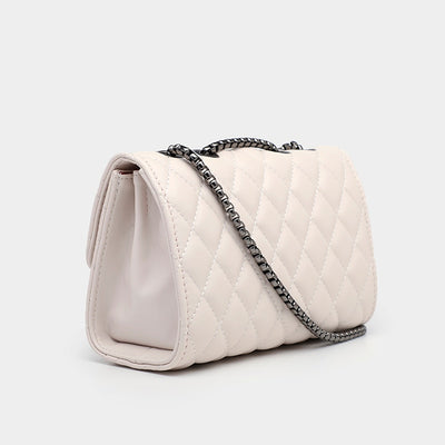 Beige White Quilted Leather Chain Shoulder Bags