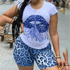 Two Piece Lips Short Sleeve Top Leopard Shorts