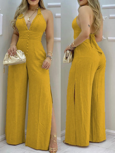 Split Hem Halter Backless Jumpsuit