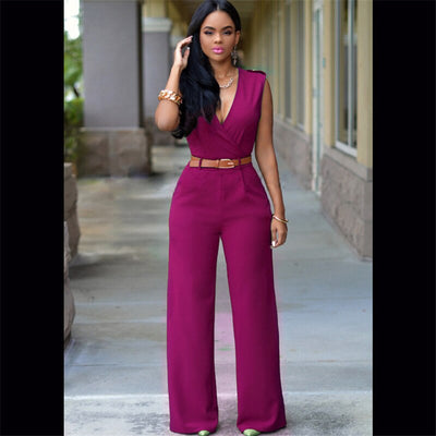 Jumpsuits With Sashes Notched Wide Leg Rompers Sleeveless Summer Formal