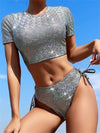 Short Sleeve Cover Up 2 Pieces Set  Shiny Bikini