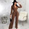 Digital Print Jumpsuits for Women Patchwork Design Zipper Belt Decor V-Neck Long Sleeve Mid Waist