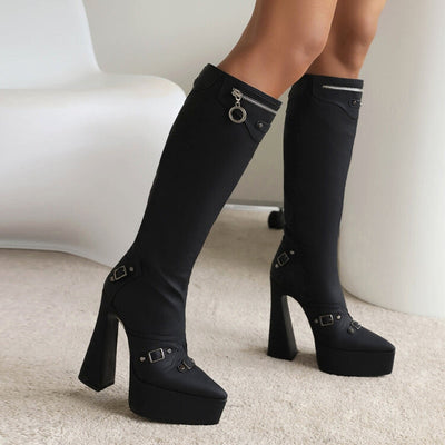 Thigh Full Boots Pu Leather High Heel Fashion Buckle Slim Tassel Black Long Knee Boots