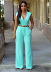 Jumpsuits With Sashes Notched Wide Leg Rompers Sleeveless Summer Formal