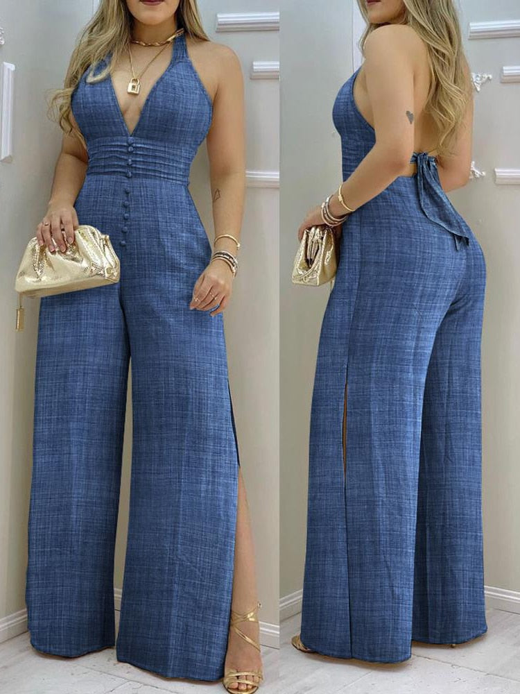 Split Hem Halter Backless Jumpsuit