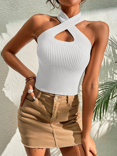 Heart Criss Cross Ribbed Knit Sleeveless Halter Top