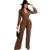 Digital Print Jumpsuits for Women Patchwork Design Zipper Belt Decor V-Neck Long Sleeve Mid Waist