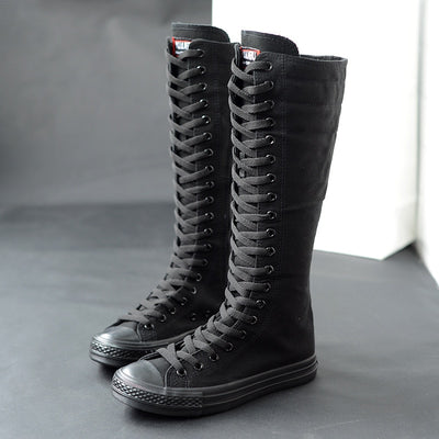 Canvas Casual High Top Shoes Long Boots Lace-Up Zipper  Flat Boots Sneakers