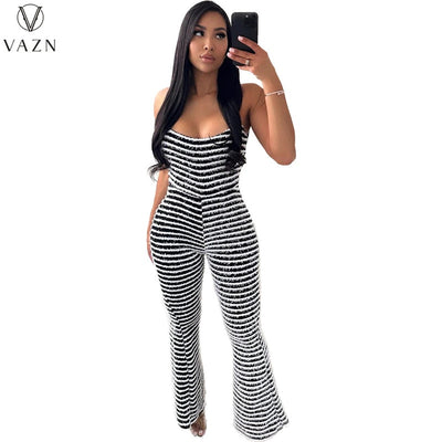 Striped Sweet Spaghetti Strap Sleeveless High Waist Women Flare Skinny Jumpsuits