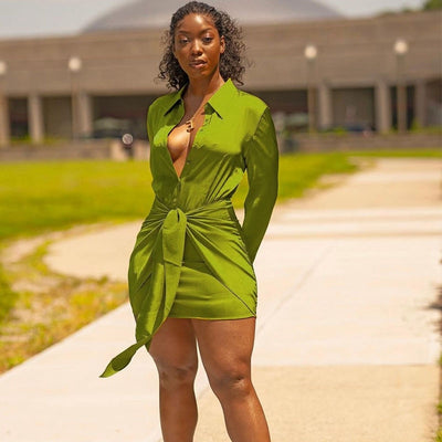 Green Long Sleeve Satin  Knot Wrap  Mini Dress