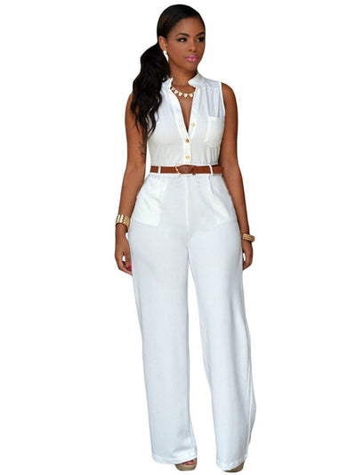 Jumpsuits With Sashes Notched Wide Leg Rompers Sleeveless Summer Formal