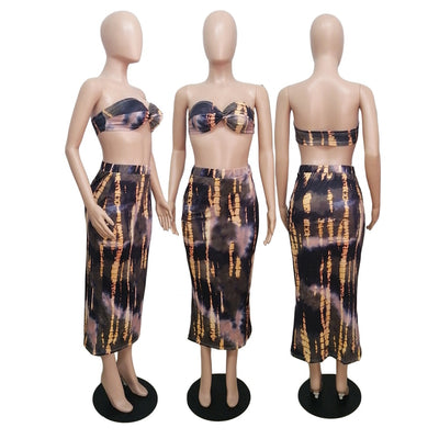 Tie Dyeing  Short Backless  Top and High Waist Skinny Knee-length Skirt