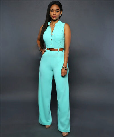 Jumpsuits With Sashes Notched Wide Leg Rompers Sleeveless Summer Formal