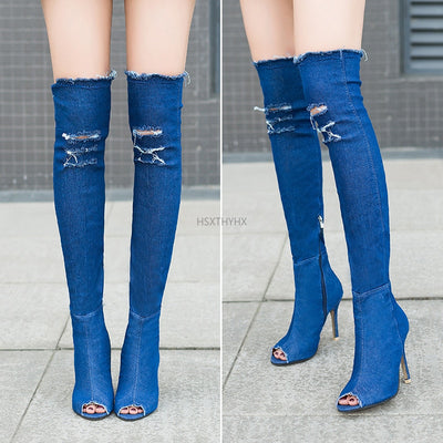 Women Boots 2022 Spring Thigh High Boots Denim Boots Women High Heels Women Shoes Peep Toe Tassel Jean Boot Ladies Shoes Boots