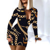 Long Sleeve  Mini Dress Deep V Neck Print Club Casual Robe