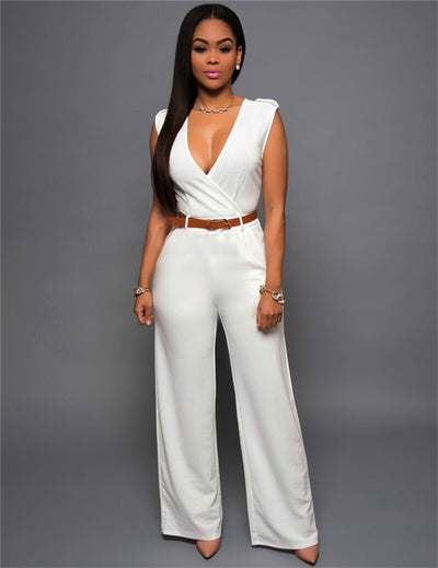 Jumpsuits With Sashes Notched Wide Leg Rompers Sleeveless Summer Formal