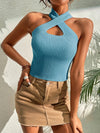 Heart Criss Cross Ribbed Knit Sleeveless Halter Top