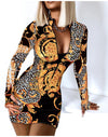 Long Sleeve  Mini Dress Deep V Neck Print Club Casual Robe