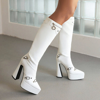 Thigh Full Boots Pu Leather High Heel Fashion Buckle Slim Tassel Black Long Knee Boots