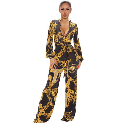 Jumpsuit Long Sleeve High Waisted V Neck Long Rompers