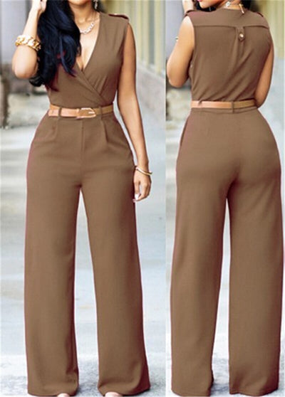 Jumpsuits With Sashes Notched Wide Leg Rompers Sleeveless Summer Formal