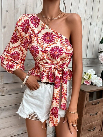 Women's Summer Mandala Print One Shoulder Balloon Sleeve Shirt