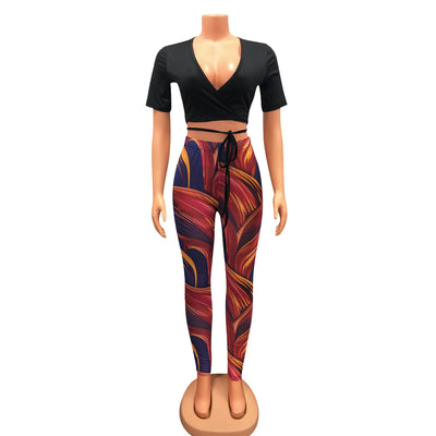 Mesh Printed Trousers Women Two-Piece Suit