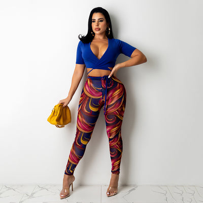 Mesh Printed Trousers Women Two-Piece Suit