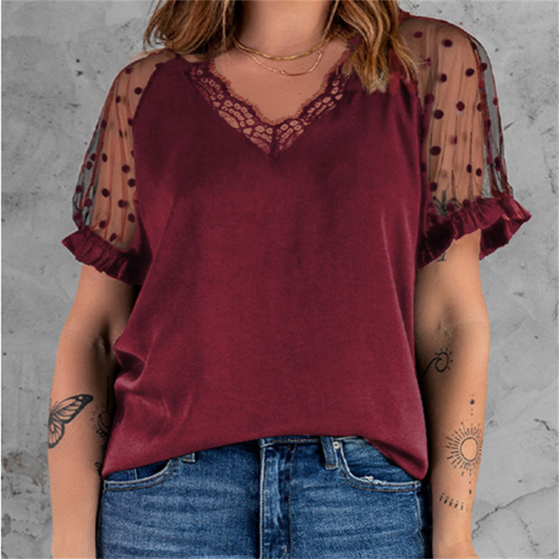 Lace Short-sleeved V-neck Pullover T-shirt