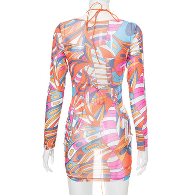 Printed Long-sleeved Lace-up Mesh Two-piece Suit