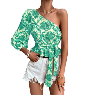 Women's Summer Mandala Print One Shoulder Balloon Sleeve Shirt