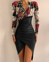 Long Sleeve V Neck Printed Tight Split Dress