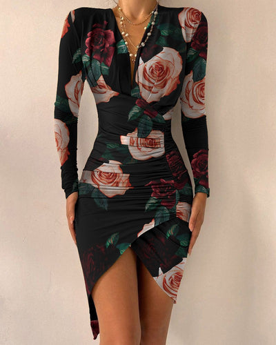 Long Sleeve V Neck Printed Tight Split Dress