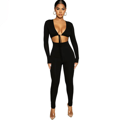 Lace-up Hollow Long-sleeved Skinny Jumpsuit