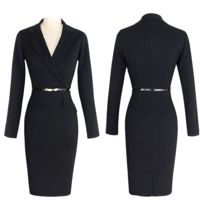 Women Long Sleeved Suit Collar Pencil Skirt