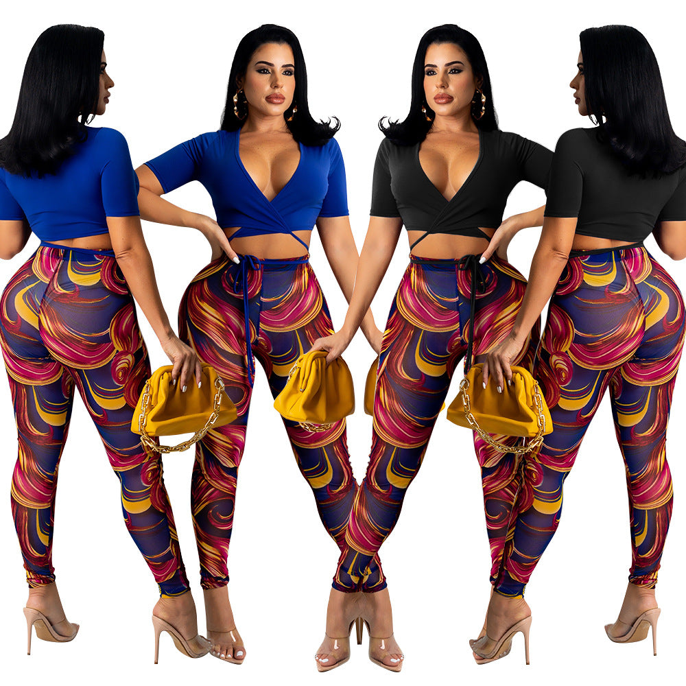 Mesh Printed Trousers Women Two-Piece Suit