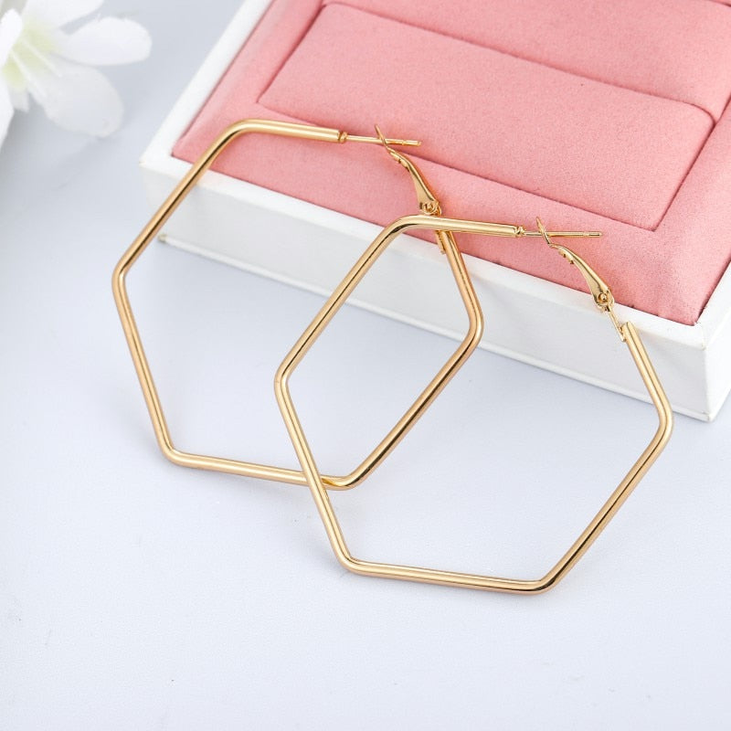 Hoop Earrings For Metal Hexagon Geometric Earrings Fashion Jewelry Gift Gold Color