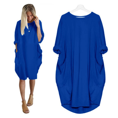 Loose Dress with Pocket  O Neck Long