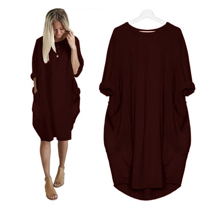 Loose Dress with Pocket  O Neck Long