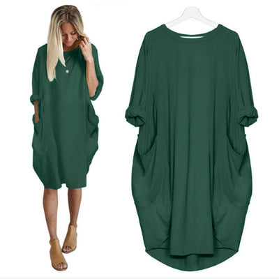 Loose Dress with Pocket  O Neck Long